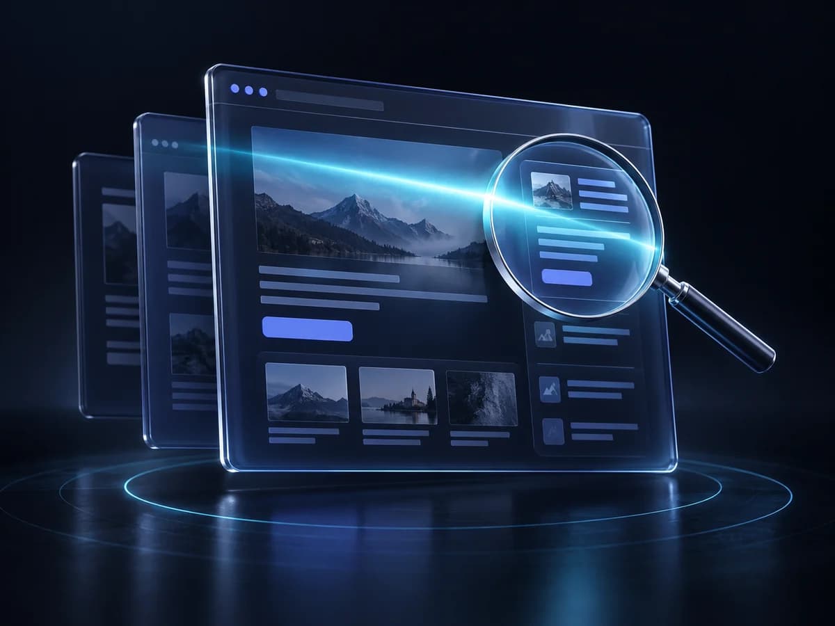 Illustration einer Website mit Lupe und cyanfarbenem Scanstrahl auf dunklem Hintergrund